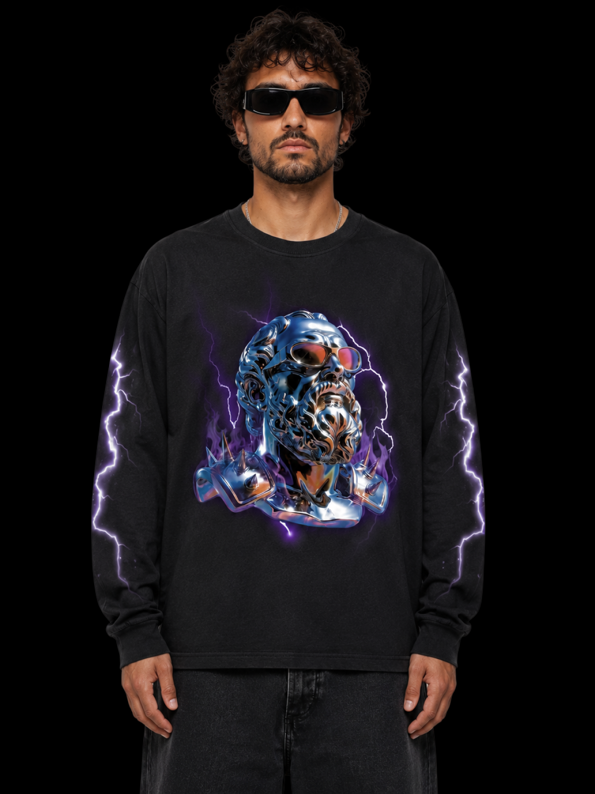 Black graphic long-sleeve tee with chrome Plato print