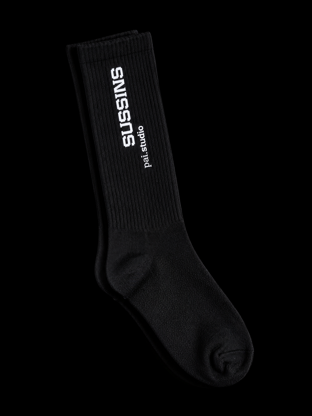 Black ribbed crew socks with vertical wordmark