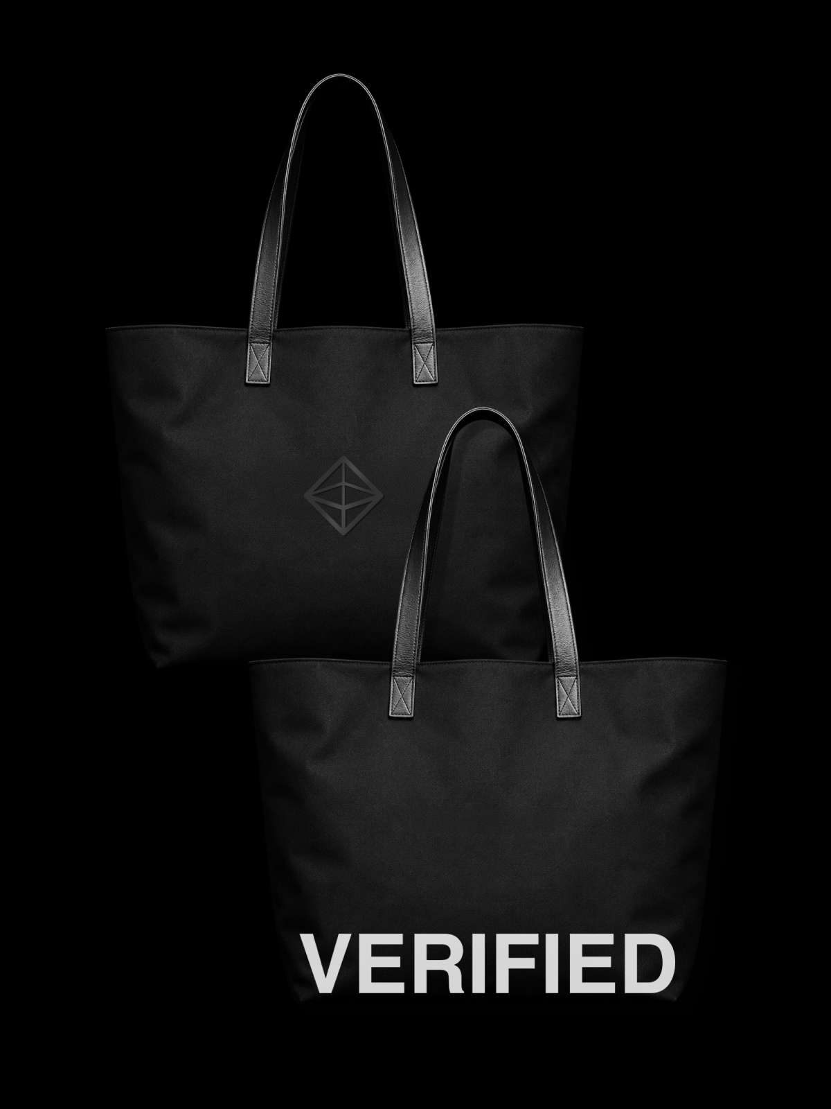 Black canvas totes — octahedron mark and VERIFIED wordmark