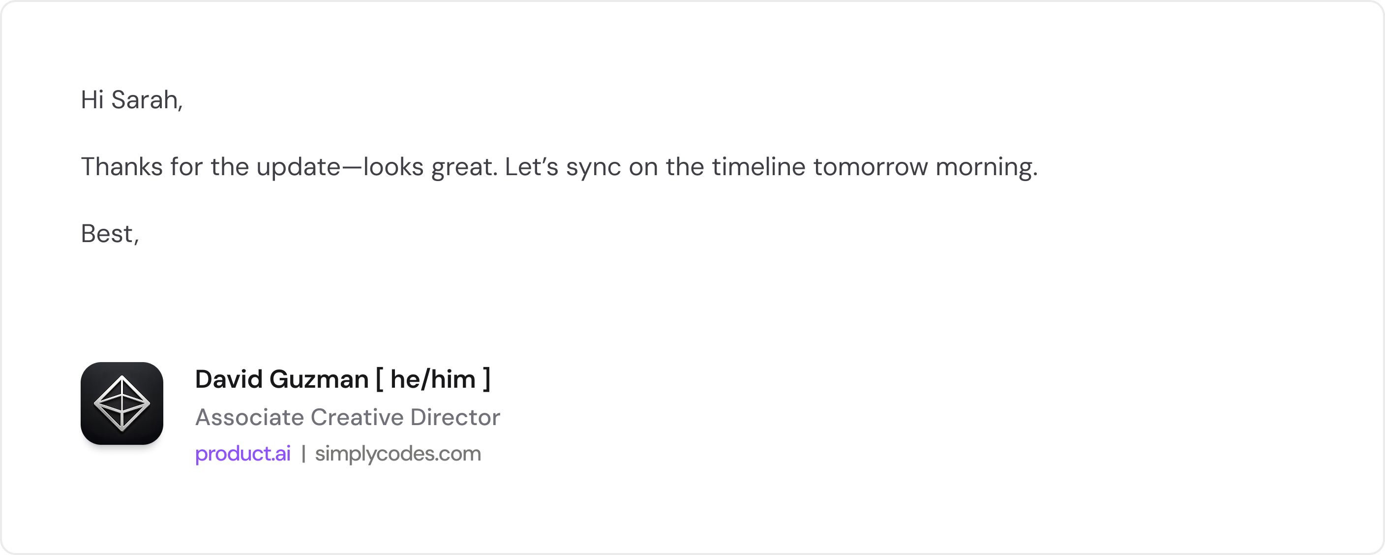 Product.ai email signature — dimensional icon with name, role, and links